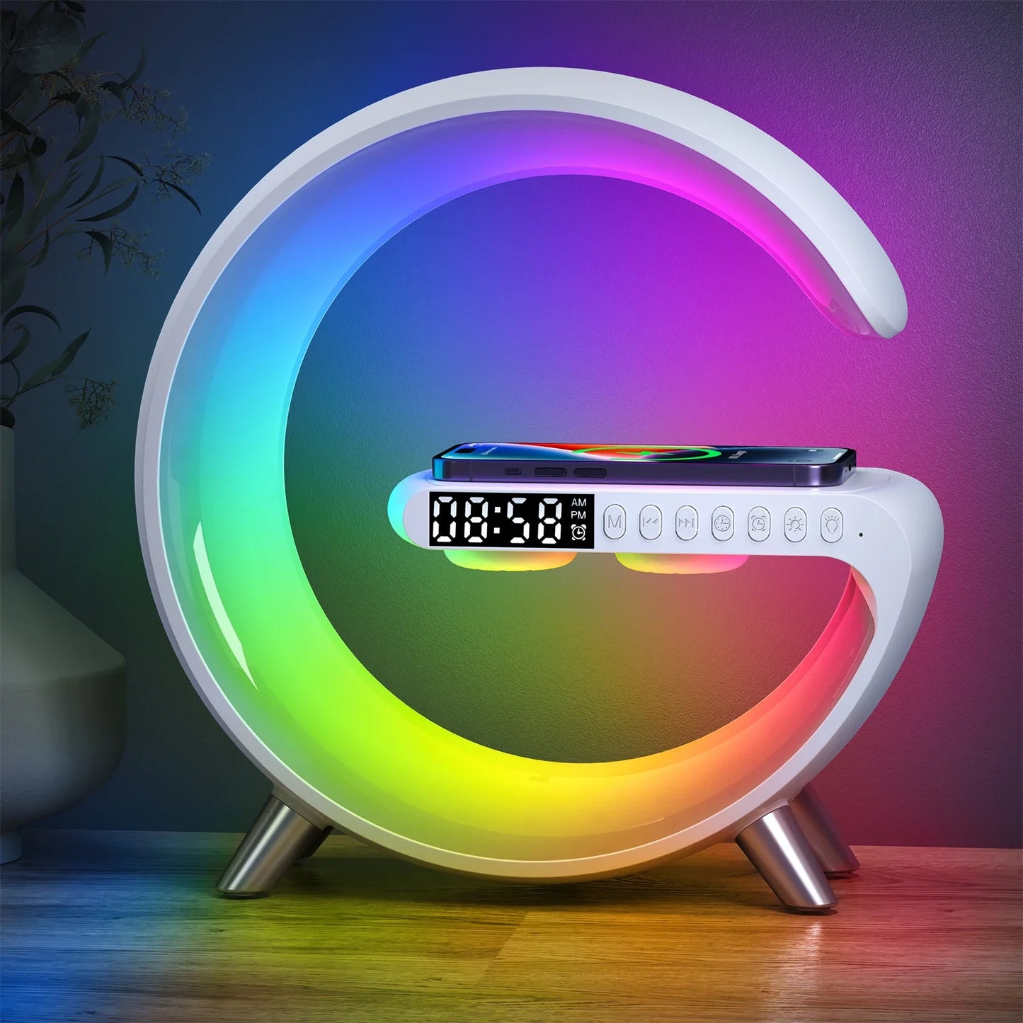 9-in-1 Wireless Charging Station with Alarm Clock, Bluetooth Speaker, RGB LED Night Light & Fast Charger for iPhone & Samsung