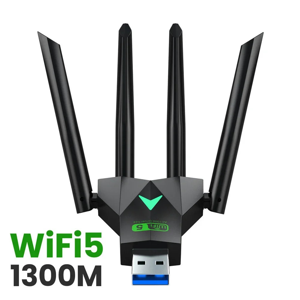 4-Antenna USB3.0 Dual Band WiFi Adapter 1300Mbps (2.4GHz & 5GHz) for PC & Laptop
