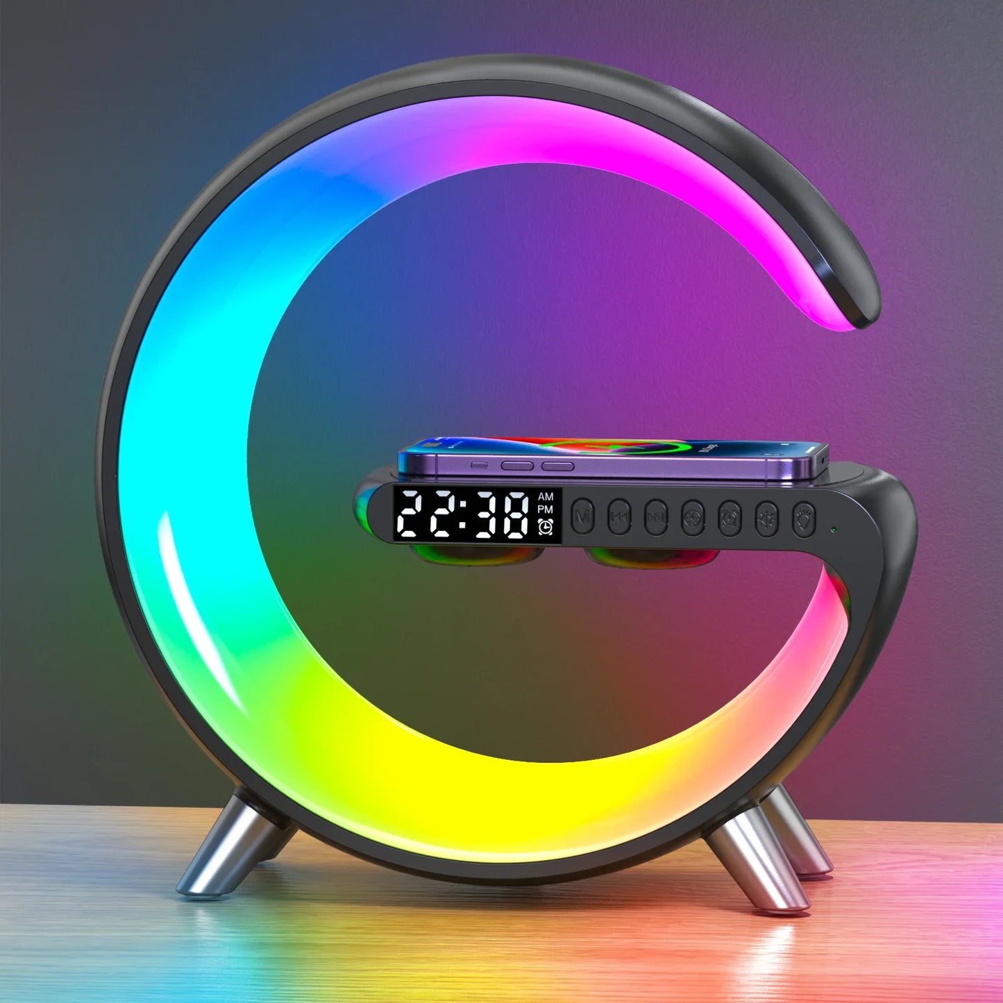 9-in-1 Wireless Charging Station with Alarm Clock, Bluetooth Speaker, RGB LED Night Light & Fast Charger for iPhone & Samsung