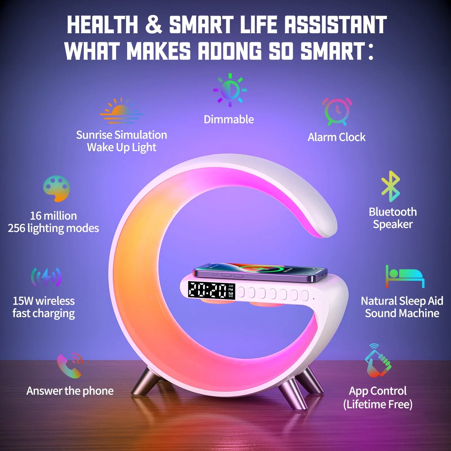 9-in-1 Wireless Charging Station with Alarm Clock, Bluetooth Speaker, RGB LED Night Light & Fast Charger for iPhone & Samsung