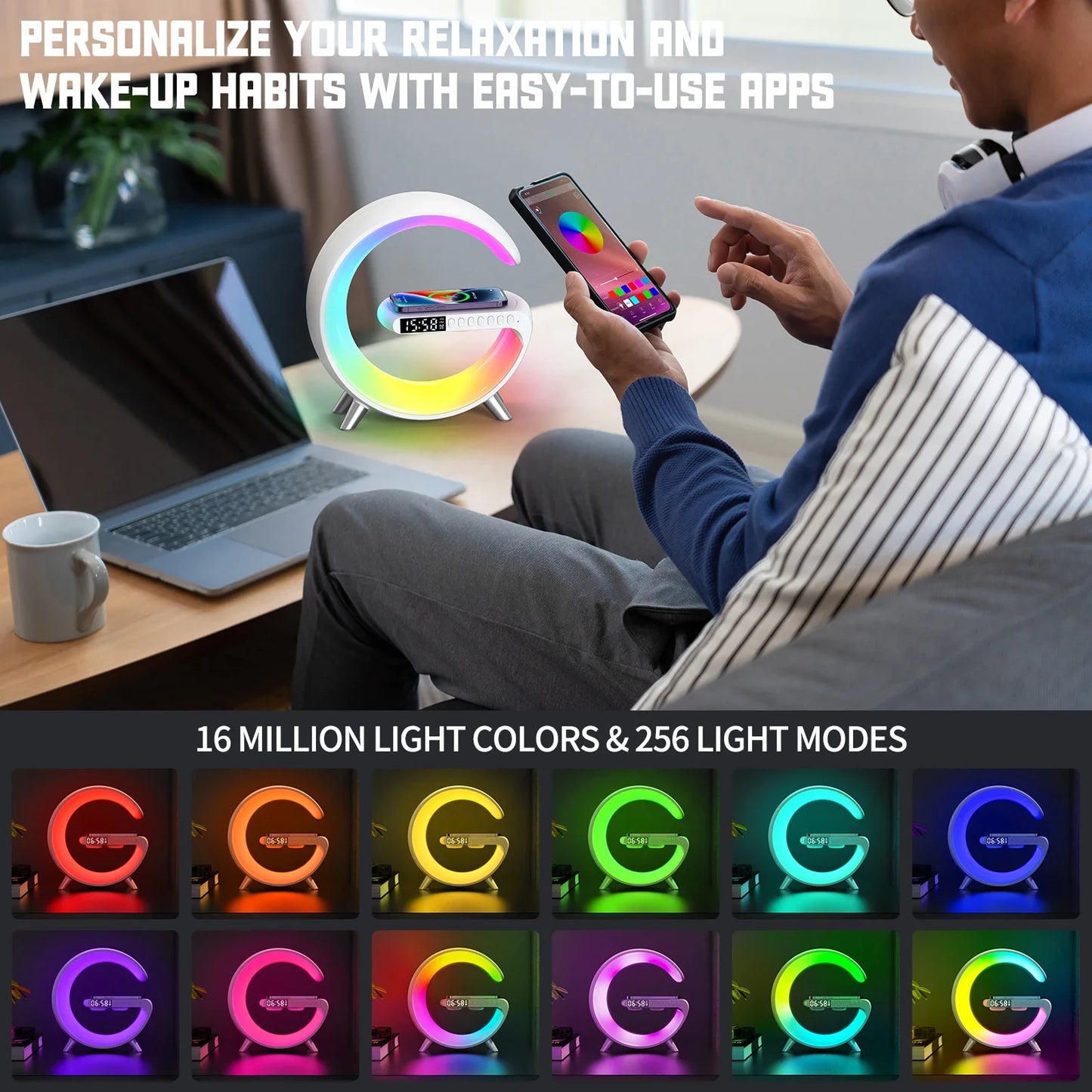 9-in-1 Wireless Charging Station with Alarm Clock, Bluetooth Speaker, RGB LED Night Light & Fast Charger for iPhone & Samsung